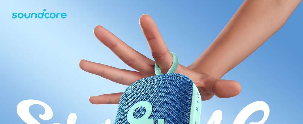 Hands holding a small, round, blue speaker with 'Soundcore' branding visible. Blue background with white swirl patterns.